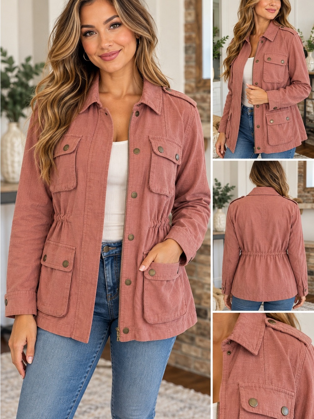 BLU PEPPER Dusty Rose Utility Field Jacket Cotton Linen Size L Cottagecore Boho